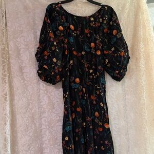 a new day Black Floral Puff-Sleeve Maxi Dress with Orange and Teal Accents